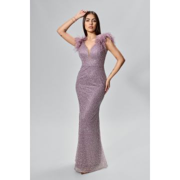 Rochie de ocazie premium tip sirena cu strass-uri si pene Gloriana Lila