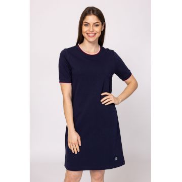 Rochie din amestec de bumbac cu model uni si decolteu rotund - Bleumarin -