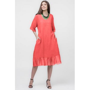 Rochie din in corai, cu volane din matase si snur in talie