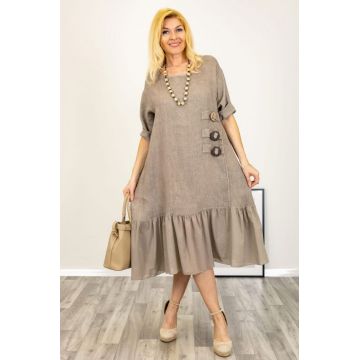 Rochie din in cu volan din matase si nasturi decorativi in laterala