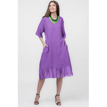 Rochie din in mov, cu volane din matase si snur in talie