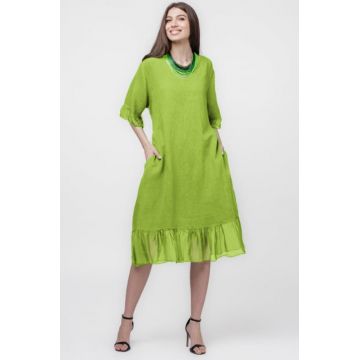 Rochie din in verde, cu volane din matase si snur in talie