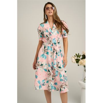 Rochie din stofa roz cu imprimeu floral bleu si cordon in talie Rochie din stofa roz cu imprimeu floral bleu si cordon in talie