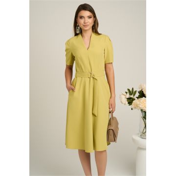 Rochie din stofa verde lime cu cordon in talie si decoteu in V