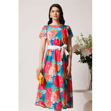 Rochie din triplu voal turcoaz cu imprimeu floral orange si cordon in talie
