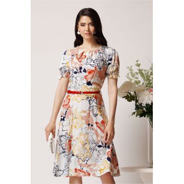 Rochie din viscoza alba cu imprimeuri corai si curea in talie