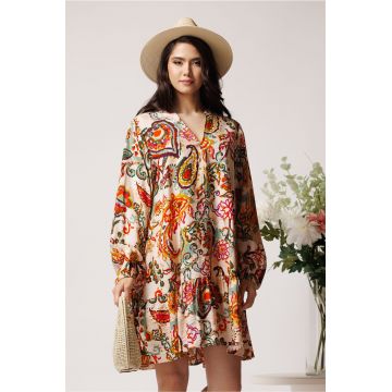 Rochie din viscoza lejera bej cu imprimeuri portocalii