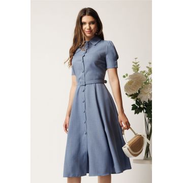 Rochie DY Fashion albastra in clos cu nasturi si curea in talie