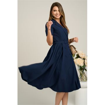 Rochie DY Fashion din stofa bleumarin cu nasturi si curea in talie