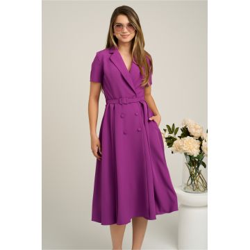 Rochie DY Fashion din stofa mov cu nasturi si curea in talie