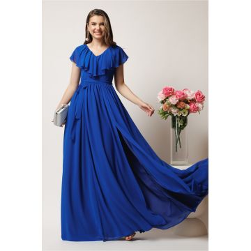Rochie DY Fashion lunga albastra in clos din voal cu volanas la bust si crapatura pe picior