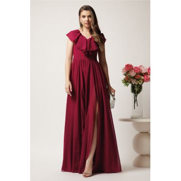 Rochie DY Fashion lunga bordo in clos din voal cu volanas la bust si crapatura pe picior