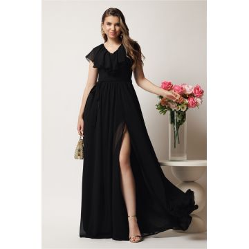 Rochie DY Fashion lunga neagra in clos din voal cu volanas la bust si crapatura pe picior