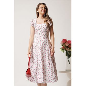 Rochie DY Fashion midi alba in clos cu floricele fucsia si volane la maneci