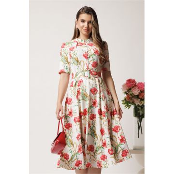 Rochie DY Fashion midi alba in clos din triplu voal cu flori rosii si curea in talie