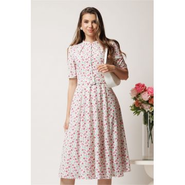 Rochie DY Fashion midi alba in clos din triplu voal cu floricele roz si curea in talie