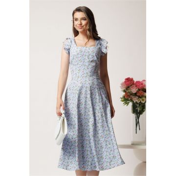 Rochie DY Fashion midi bleu in clos cu floricele roz si volane la maneci