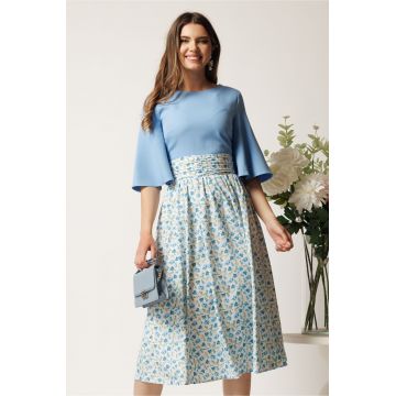 Rochie DY Fashion midi bleu in clos cu fusta din voal cu imprimeu