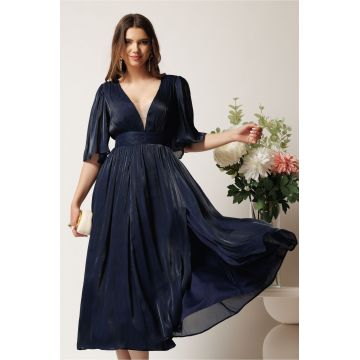 Rochie DY Fashion midi bleumarin din voal in clos cu tull la decolteu si crapatura pe picior