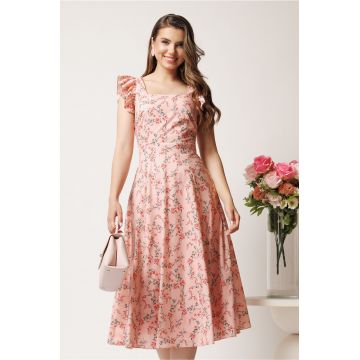 Rochie DY Fashion midi roz in clos cu floricele corai si volane la maneci