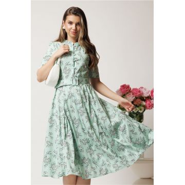 Rochie DY Fashion midi vernil in clos din triplu voal cu floricele si curea in talie