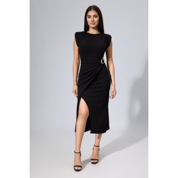 Rochie eleganta din licra cu cu umeri buretati si catarama aurie in talie Anda Neagra