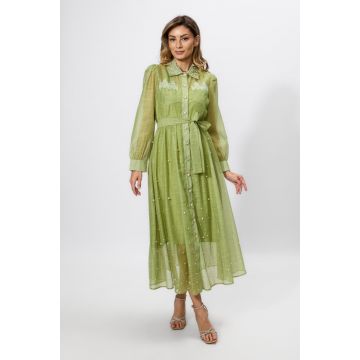 Rochie eleganta tip camasa accesorizata cu perlute Soneva Vernil