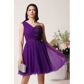 Rochie Ella Collection Serena scurta din tull mov cu flori pe bust