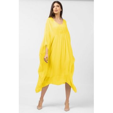 Rochie galben intens in colturi, lunga, ampla, din matase naturala, cu detaliu sub bust