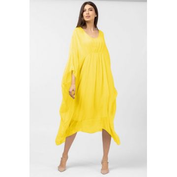 Rochie galben intens in colturi, lunga, ampla, din matase si vascoza, cu detaliu sub bust