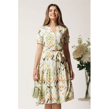 Rochie ivory cu print zig-zag verde in clos cu cordon in talie
