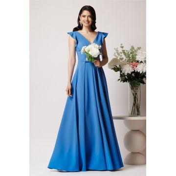 Rochie LaDonna lunga din stofa bleu cu funda in talie