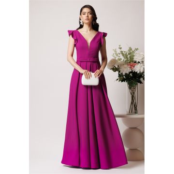 Rochie LaDonna lunga din stofa magenta cu funda in talie