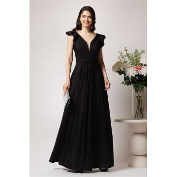 Rochie LaDonna lunga din stofa neagra cu funda in talie