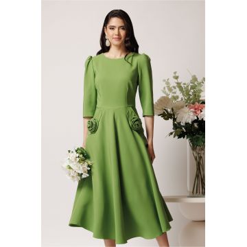 Rochie LaDonna office din stofa verde cu flori maxi pe buzunare