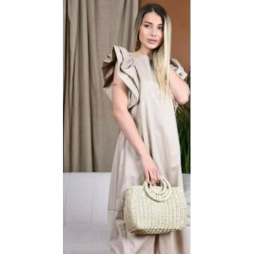 Rochie lalea bej din poplin , cu maneci bufante ample