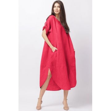 Rochie lalea oversize din in cu buzunare si crapaturi laterale rotunjite, fucsia inchis