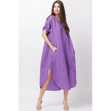 Rochie lalea oversize din in cu buzunare si crapaturi laterale rotunjite, mov