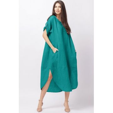 Rochie lalea oversize din in cu buzunare si crapaturi laterale rotunjite, turcoaz inchis