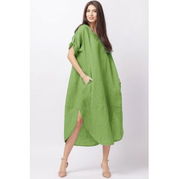 Rochie lalea oversize din in cu buzunare si crapaturi laterale rotunjite, verde oliv
