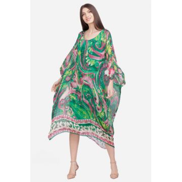Rochie larga din matase naturala, cu imprimeu vegetal verde si fucsia