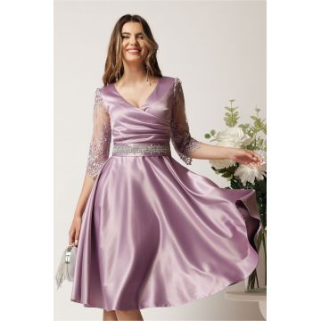 Rochie lila din tafta in clos cu cordon in talie- Ella Collection Adria