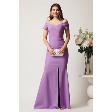 Rochie lila lunga din stofa cu decolteu barcuta si crapatura pe picior- LaDonna