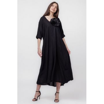 Rochie lunga A-line oversize, din in, neagra