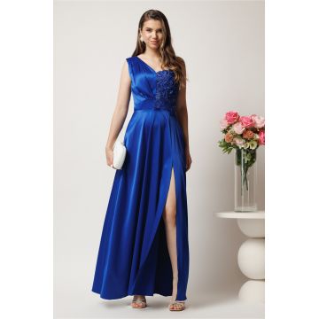 Rochie lunga albastra din tafta cu flori la bust- Ella Collection Madison