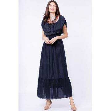 Rochie lunga, bleumarin, din matase naturala, cu volan pe umeri
