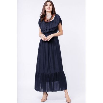 Rochie lunga, bleumarin, din matase si vascoza, cu volan pe umeri