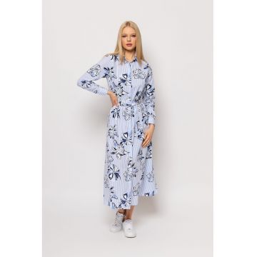 Rochie lunga cu imprimeu floral - Albastru pastel - Negru - Alb optic -