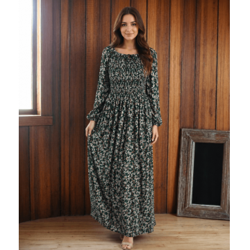 Rochie lunga de vara cu maneca 3 4 si imprimeu floral verde
