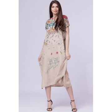 Rochie lunga din in cu imprimeu pictural floral si funda pe spate, pe fond bej